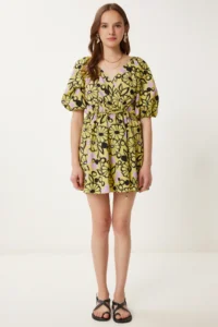 Happiness İstanbul Women's Yellow Lilac Wrap Collar Patterned Summer Dress - Image 3