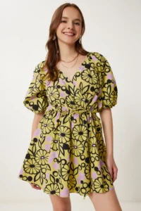 Happiness İstanbul Women's Yellow Lilac Wrap Collar Patterned Summer Dress - Image 4