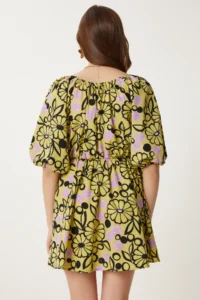 Happiness İstanbul Women's Yellow Lilac Wrap Collar Patterned Summer Dress - Image 5