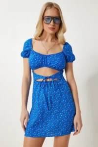 Happiness İstanbul Women's Dark Blue Cut Out Detailed Mini Viscose Dress