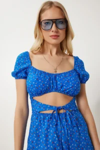 Happiness İstanbul Women's Dark Blue Cut Out Detailed Mini Viscose Dress - Image 3