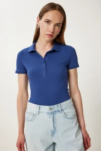 Happiness İstanbul Women Navy Blue Polo Shirt Collar Knitting T-Shirt