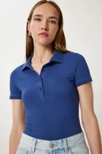 Happiness İstanbul Women Navy Blue Polo Shirt Collar Knitting T-Shirt - Image 2