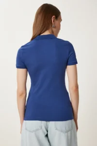Happiness İstanbul Women Navy Blue Polo Shirt Collar Knitting T-Shirt - Image 5
