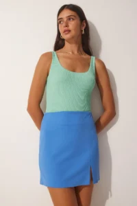 Happiness İstanbul Women Gök Blue slit Mini Skirt - Image 2
