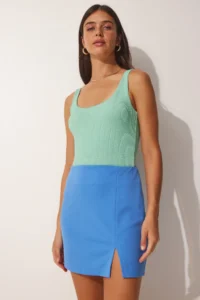 Happiness İstanbul Women Gök Blue slit Mini Skirt - Image 3