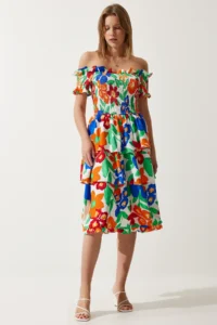 Happiness İstanbul Women's Orange Blue Floral Flounce Summer Viscose Dress