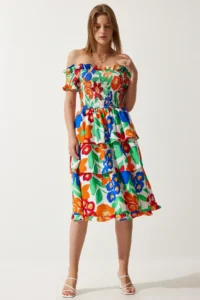 Happiness İstanbul Women's Orange Blue Floral Flounce Summer Viscose Dress - Image 2