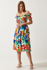 Happiness İstanbul Women's Orange Blue Floral Flounce Summer Viscose Dress - Image 3