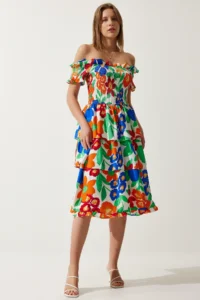 Happiness İstanbul Women's Orange Blue Floral Flounce Summer Viscose Dress - Image 4