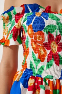Happiness İstanbul Women's Orange Blue Floral Flounce Summer Viscose Dress - Image 5