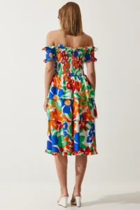 Happiness İstanbul Women's Orange Blue Floral Flounce Summer Viscose Dress - Image 6
