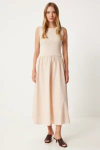 Happiness İstanbul Women Cream Sleeveless Tops Knitting Dress