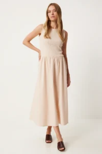 Happiness İstanbul Women Cream Sleeveless Tops Knitting Dress - Image 2