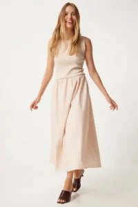 Happiness İstanbul Women Cream Sleeveless Tops Knitting Dress - Image 3