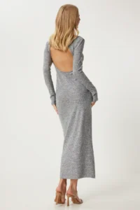 Happiness İstanbul Women's Gray Backless Turtleneck Knitted Dress
