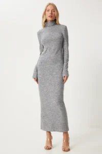 Happiness İstanbul Women's Gray Backless Turtleneck Knitted Dress - Image 2