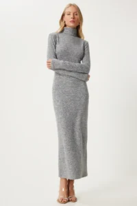 Happiness İstanbul Women's Gray Backless Turtleneck Knitted Dress - Image 3
