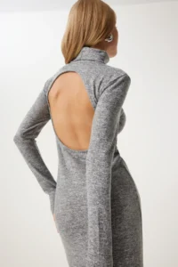 Happiness İstanbul Women's Gray Backless Turtleneck Knitted Dress - Image 4