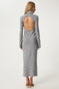 Happiness İstanbul Women's Gray Backless Turtleneck Knitted Dress - Image 6