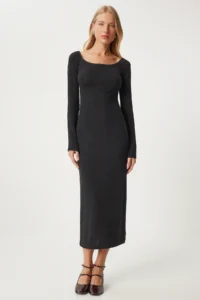 Happiness İstanbul Women's Anthracite Carmen Collar Long Knitwear Dress - Image 10