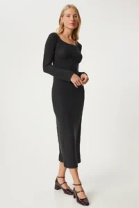 Happiness İstanbul Women's Anthracite Carmen Collar Long Knitwear Dress - Image 11