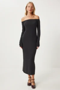 Happiness İstanbul Women's Anthracite Carmen Collar Long Knitwear Dress - Image 13