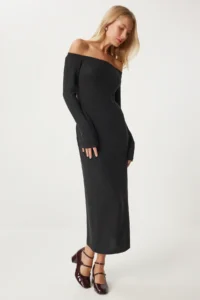Happiness İstanbul Women's Anthracite Carmen Collar Long Knitwear Dress - Image 2