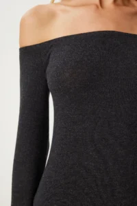 Happiness İstanbul Women's Anthracite Carmen Collar Long Knitwear Dress - Image 3