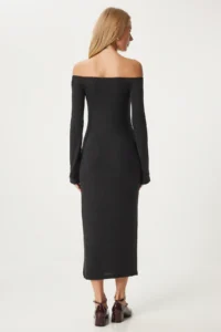 Happiness İstanbul Women's Anthracite Carmen Collar Long Knitwear Dress - Image 4