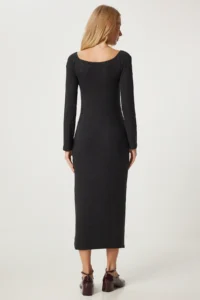 Happiness İstanbul Women's Anthracite Carmen Collar Long Knitwear Dress - Image 5