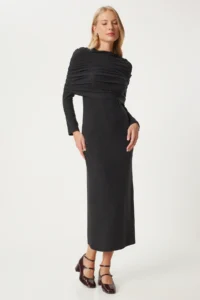 Happiness İstanbul Women's Anthracite Carmen Collar Long Knitwear Dress - Image 6