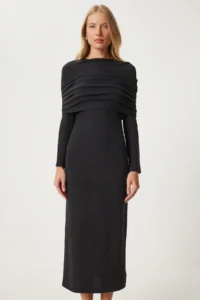 Happiness İstanbul Women's Anthracite Carmen Collar Long Knitwear Dress - Image 7