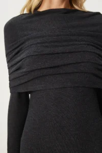 Happiness İstanbul Women's Anthracite Carmen Collar Long Knitwear Dress - Image 8