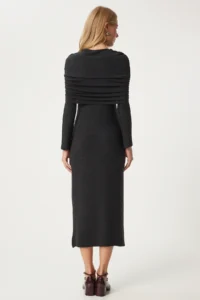 Happiness İstanbul Women's Anthracite Carmen Collar Long Knitwear Dress - Image 9