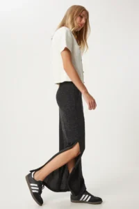 Happiness İstanbul Women Anthracite slit LONG Knitting Skirt