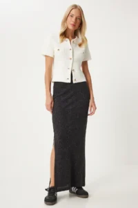 Happiness İstanbul Women Anthracite slit LONG Knitting Skirt - Image 2