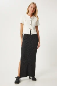 Happiness İstanbul Women Anthracite slit LONG Knitting Skirt - Image 3