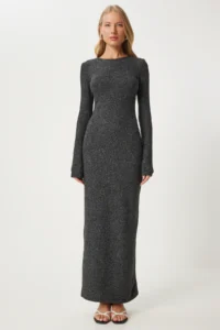 Happiness İstanbul Women's Anthracite Bodycon Midi Knitted Dress - Image 3