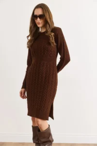 Olalook Women's Bitter Brown Waist Banded Slit Hair Knitted Mini Dress - Image 3