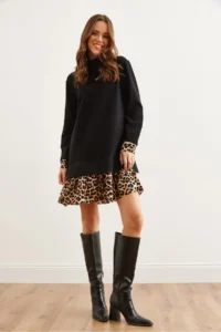 Olalook Women's Black Leopard Garnished Thessaloniki Dress - Image 4