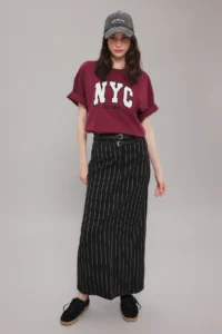 TRENDYOLMİLLA Burgundy 100% Thick Cotton Oversized/Wide Pach Embroidered Knitting T-Shirt - Image 2
