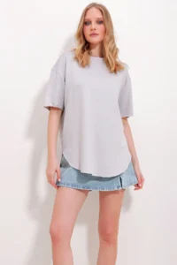 Trend Alaçatı Stili Women's Gray Crew Neck Oval Cut Modal T-Shirt - Image 8