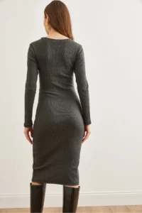 Olalook Women's Smoked Button Detailed Slit Midi Flexible Dress - Image 5
