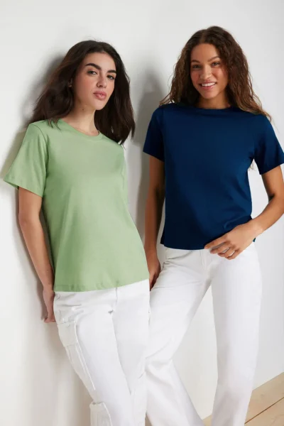 TRENDYOLMİLLA Petrol Blue Blue Blue-Mint 100% Cotton Crew Neck 2 Sets Package Knitting T-Shirt