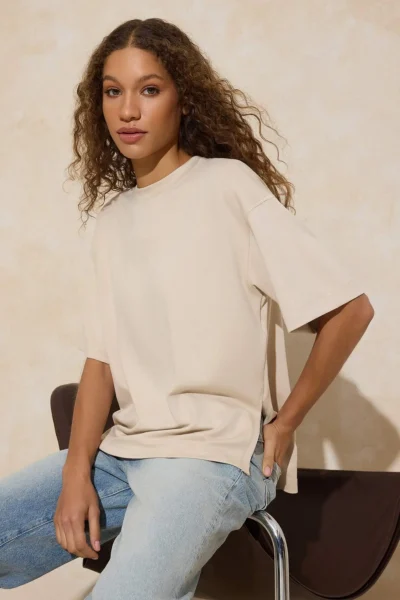 TRENDYOLMİLLA Stone Oversized/Wide Pattern Drop Sleeve Short Sleeve LONG Soft Touch Knitting T-Shirt