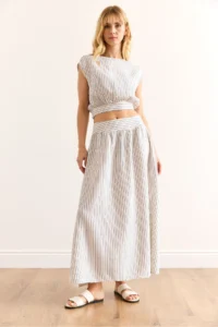 Olalook Women's Blue Striped Side Zipper Midi A-Line Muslin Skirt - Image 3