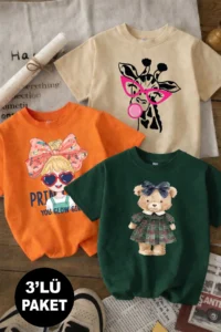 twins tailors Giraffe And Teddy Bear Printed 3-Pack Orange-Beige-Green Girls' T-Shirts