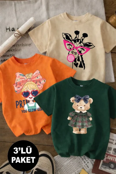 twins tailors Giraffe And Teddy Bear Printed 3-Pack Orange-Beige-Green Girls' T-Shirts