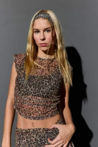 DeFacto Fitted Leopard Pattern Tulle Short Sleeve T-Shirt